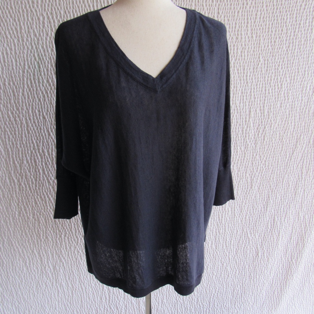 Garnet Hill Lightweight Linen Pullover Sweater XS Lagenlook Vneck 3/4 navy Blue